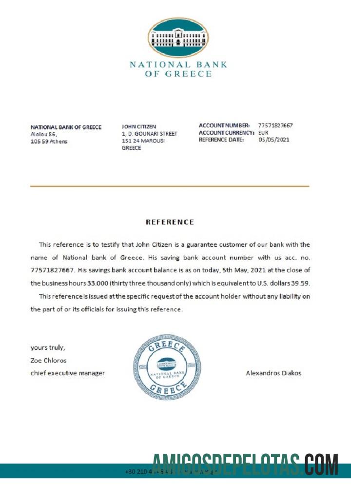 Referência do Banco Nacional da Grécia da Grécia exemplo